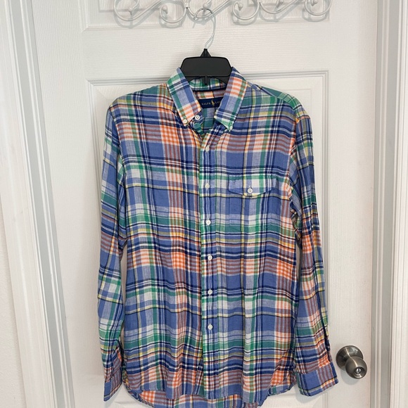 Ralph Lauren Other - NWOT Ralph Lauren Blue Green Orange Plaid Shirt 100% Linen